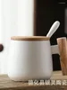 Muggar Kort Big Belly Wood Handle Cup Creative Ceramic With Lock Spoon Water Coffee Gift Box Set Mug