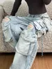 Женские потертые брюки-карго с множеством карманов в тяжелой промышленности, винтажная уличная одежда Y2K, свободные свободные джинсы прямого кроя с высокой посадкой 240219