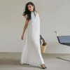 Casual Dresses Women Summer 2024 White Beach Dress Sexy Pleated A-line Sundress O Neck Strap Sleeveless Party Long Robes