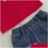 Kleidungssets 4. JY Kinder Mädchen Outfits Brief Sterne Streifen Flagge Drucken Ärmel T-Shirts Ausgefranste Ripped Denim Shorts 2 Stück Kleidung Dr Dh9Ch