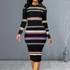 Casual Dresses Waist Design Slim Shape Dress Elegant Striped Midi For Women Fit Long Sleeve Spring Commute Style Round Neck