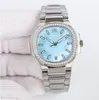 2024 QC 최신 럭셔리 여성 시계 35mm 다이아몬드 베젤 검은 다이얼 블루 보물 기계식 투명 CAL.324SC 기계 자동 여성 손목 시계 P001