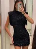 Abiti casual Tossy Mini abito senza maniche alla moda con paillettes per donna Abito da festa elegante patchwork glitterato nero sottile da donna