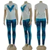 Pantalon deux pièces imprimé bleu pour femmes, T-shirt et pantalon décontractés à col ras du cou, costume de jogging d'été, costume de jogging du matin, livraison gratuite