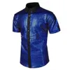 Men Performance Shirt Vintage 70s Disco Mens Club Shirt with Reflective Shiny Sequins Turn-down Collar Short Sleeve for Parties 240223