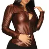 Blusas femininas Mulheres Top Faux Leather Lapel Senhoras Slim-Fiitting V Neck Camisa Slim