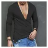 US Stock Mode Herren Casual Slim Fit Langarm Tiefer V-Ausschnitt Sexy Shirt T-Shirts 240219