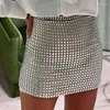 Designer Rhinestone mini kjolar för kvinnor kläder sexig split se genom ihåliga ut blanka kristalldiamanter fasta kjolar designerlw5a