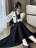 Casual Dresses Elegant Midi Dress Women Long Sleeve Patchwork Slim A-Line V-Neck Office Lady Fashion Clothing Spring Autumn Robe