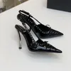 Casual Designer Fashion Femmes Sandales Noir Véritable Cuir Spikes Bout Pointu Talons Hauts Talon Aiguille Slingback Sandales Nouvelles Chaussures De Soirée De Bal Sandalias 10cm