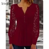 Women's T Shirts Wedifor Fashion Lace Patchwork Women Long Sleeve V Neck Button Casual T-Shirt Elegant Ruched Solid Clothes Tops