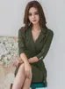 Casual Dresses Elegant Work Style Dress Women Professional Green Retro hacked Neck BodyCon Slit Midi Robe Femme Business Formal Mujer