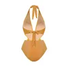 Maiô feminino dourado brilhante, traje de banho de uma peça para mulheres com gola halter e alças em v profundas, estilo de natação simples de alta qualidade