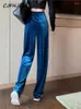 Pantalon Femme CJFHJE Hiver Bleu Velours Élégant Femmes Noir Casual Style Coréen Large Jambe Lâche Mode Haute Taille Pantalon Femme