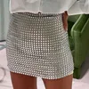 Designer Rhinestone Mini Skirts For Women Clothes Sexy Split See Through Hollow Out Shiny Crystal Diamonds Solid Skirts designerLW5A