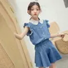 Kleidung Sets Mädchen Denim Anzug 2024 Sommer Baby Kurzarm Bluse Shorts 2 PC Set Kinder Breite Bein Hosen kinder Outfits