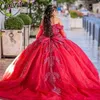Röda paljetterade applikationer spetsboll klänning quinceanera klänningar från axel bow korsett söta 16 vestidos de xv anos