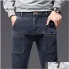 Men'S Jeans Mens Autumn Winter Men Fleece Thick Straight Solid Streetwear Fashion Loose Versatile Mtiple Pockets Chic Casual Pants D Dhuhr