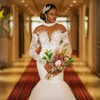 Африканское свадебное платье для невесты плюс размер Русалка с высоким воротником и длинными рукавами Свадебные платья Иллюзия Тюль Аппликация Кружева Кристаллы Свадебное платье для черных девушек NW126