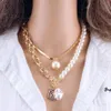 KMVEXO, collares con colgantes geométricos de perlas de 2 capas a la moda para mujer, collar de cadena de serpiente de Metal dorado, nuevo diseño de joyería Gift271u