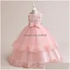 Flickans klänningar Girl Summer Pink Party Dress for Girls Luxury Wedding Ceremony Kids Ball Gown Handgjorda blommor Paljetter Tonåring 4 till DHLSN