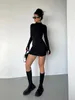 Casual Kleider WOMENGAGA Schwarz Würziges Mädchen Halb Stehkragen Langarm Kleid Elegant Für Frauen Herbst Taille Dünne Kurze K8LO