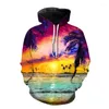 Hoodies masculinos 2024 conforto casual manga longa hoodie versátil solto ajuste masculino 3d paisagem padrão praia coqueiro roupas