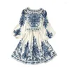 Sukienki swobodne wiosna letnia sukienka damska moda nadrukowana latarnia rękaw z wysokim talią mini-piersi mini-dekolt mini