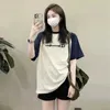 Japonês genuíno bonito campeão camiseta com mangas raglan bloqueio de cor manga curta bordado feminino verão solto esportes topo