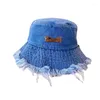 Berets Summer Unisex Tassel gewassen denim emmer hoeden mode voor vrouwen brede vouwbare Panama Cap Outdoor Beach Fishermans hoed