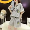 Womens Casual Cotton Suit 2024 Sommar Stor huva Shortsleeved Tops och Shorts Two Piece Set Hushåll Plus Size Clothing 240220