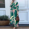 Etniska kläder Stylish Floral Print Dress Muslim elegant vintage långärmad lång skjorta och lös vid bensbyxa två stycken avslappnad