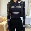 y Family Autumnwinter New Womens Long Sleeved Sweater with Slender Lapel Short Knitted Shirt Striped Top for Women