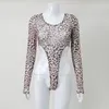 Women's Swimwear Leopard Sheer Mesh Sexy Bodysuits Women Cover-Ups Long Sleeve Turtleneck Bodycon Bodysuit Jumpsuits See Through Club Wear