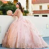 Rose Gold Illusion Langarm 3D Blumen Quinceanera Kleider Ballkleid Glitter Kristall Pailletten Süße 15 Vestidos De XV Anos