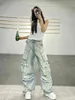Женские потертые брюки-карго с множеством карманов в тяжелой промышленности, винтажная уличная одежда Y2K, свободные свободные джинсы прямого кроя с высокой посадкой 240219