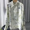 Damenblusen Seide Frauen Langarm Frische Hemd Tops 2024 Sommer Damen Einreiher Mode Blumendruck Umlegekragen Bluse