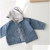 Jackets Children Clothing Kids Denim Coat Korean Style Boys And Girls Autumn Winter Fashion Handsome Hooded Pocket Jacket Drop Deliv Dhmj4