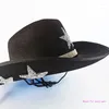 Berets à prova de sol para strass estrela fedora chapéu cowboy com borda de rolo ocidental h dropship