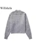 Willshela Frauen Mode Mit Faux Perle Grau Front Zipper Bomber Jacken Vintage Oansatz Lange Ärmel Weibliche Chic Dame Outfits 240219