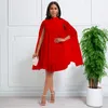 Ethnic Clothing Ladies Cloak Style Party Chiffon Dresses African Solid Color Waist High Dress Deep Cape Design Pleated Sleeve Mini