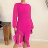 Casual Kleider Sexy Sheer Mesh Langarm Geraffte, Figurbetontes Kleid Frauen Elegante Rüschen Saum Asymmetrische Dünne Knielange Nachtclub Party