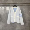 Men's Sweaters Fashion Cardigan Four-bar Knit Striped Color Contrast Light Blue Pink Male And Female Neutral Thick Needle Casual Preppy