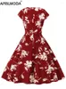 Robes de soirée imprimé floral été vintage swing robe décontractée pour les femmes rétro à manches courtes style années 1950 anniversaire rouge noir piste