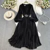 Casual Dresses Vintage Senior Sense V-neck Lantern Sleeve Nail Drill Women Waist Slimming Elegant Long Dress