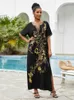 Maillot de bain pour femmes Coverup Gold Broderie Kaftan Robe Noir Maillot de bain Cover Up Summer Col V Boho RobeTunic pour Beach Pareos Loungewear