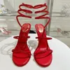 RENE CAOVILLA RHINESTONE Stiletto Sandals Snake Strass 95mm Red Cleo Wedding Evening Shoes 여성 하이힐 발목 랩 어라운드 디자이너 파티 드레스