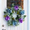 Anneau de couronne de fleurs décoratives, Simulation européenne et américaine, décoration bleue violette, porte suspendue, Gnomes éclairés de noël avec minuterie