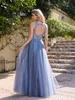 Ocean Blue Hollow Backless Prom klänningar En linjeapplikationer ren juvel hals tyll långa aftonklänningar med applikationer CPS3039