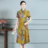 Elegante Zomer Chinese Cheongsam Vrouwen Gemodificeerde Jurk Vintage Bloemen Gedrukt Mandarijn Kraag Vrouwelijke Qipao 240220